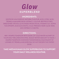 MEDAHUMAN Glow Mushroom & Adaptogen Superblend Powder, with Tremella Mushroom, Vitamin E, Biotin and Aloe Vera, to Promote Glowy Skin & Boost Collagen, Raspberry Flavour 1 x 150g