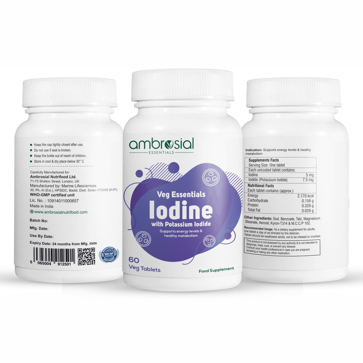 Ambrosial Iodine Supplement 5000mcg with 7500 mcg Potassium Iodide| High Strength Iodine Tablets | Natural Source of Iodine from Potassium Supplements & Iodide Tablets (Pack of 1-60 Tablets)