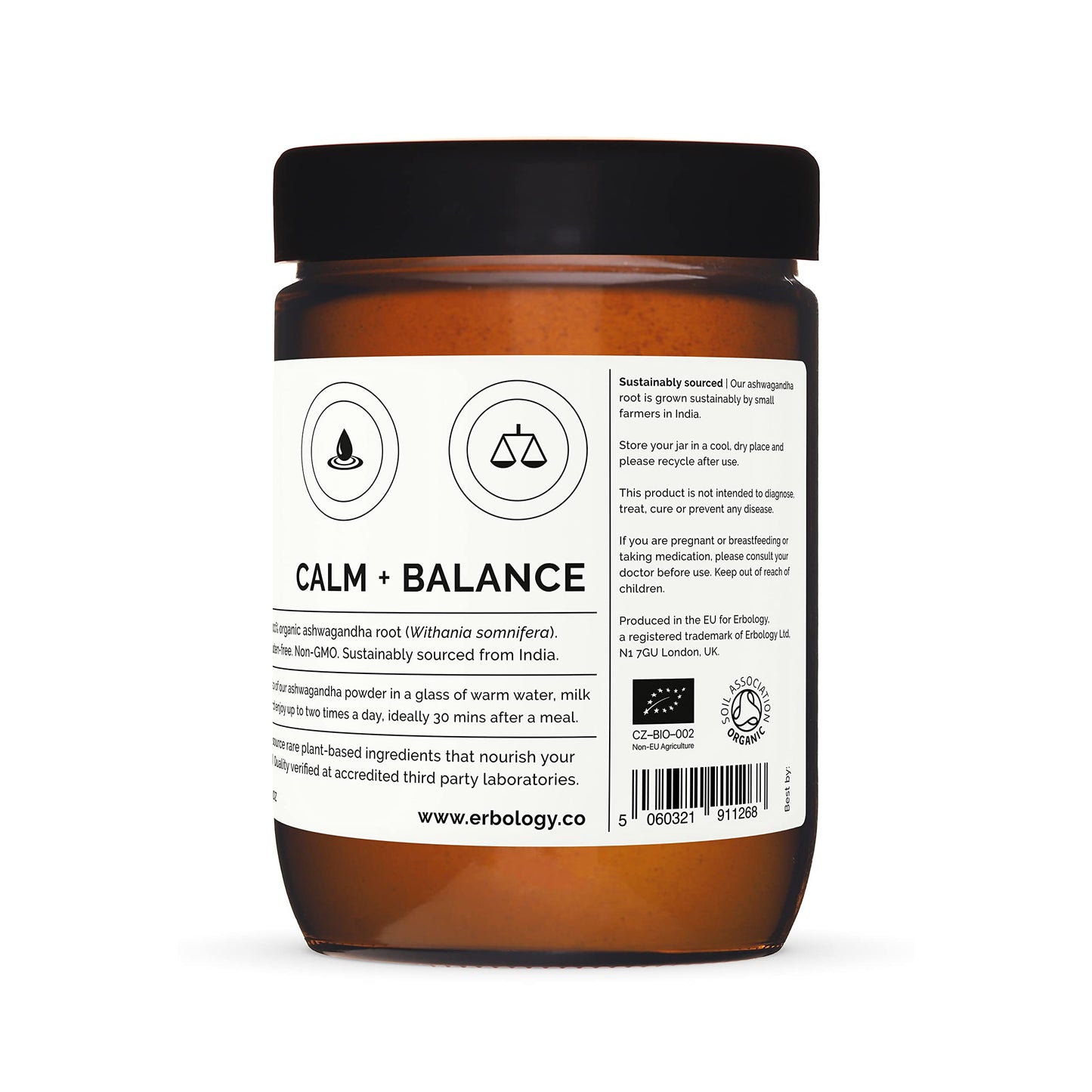 Erbology 100% Organic Ashwagandha Powder 220g - Sleep Aid - Straight from Farm - Raw, Vegan and Gluten-Free - Non-GMO - No Additives or Preservatives - Recyclable Glass Jar