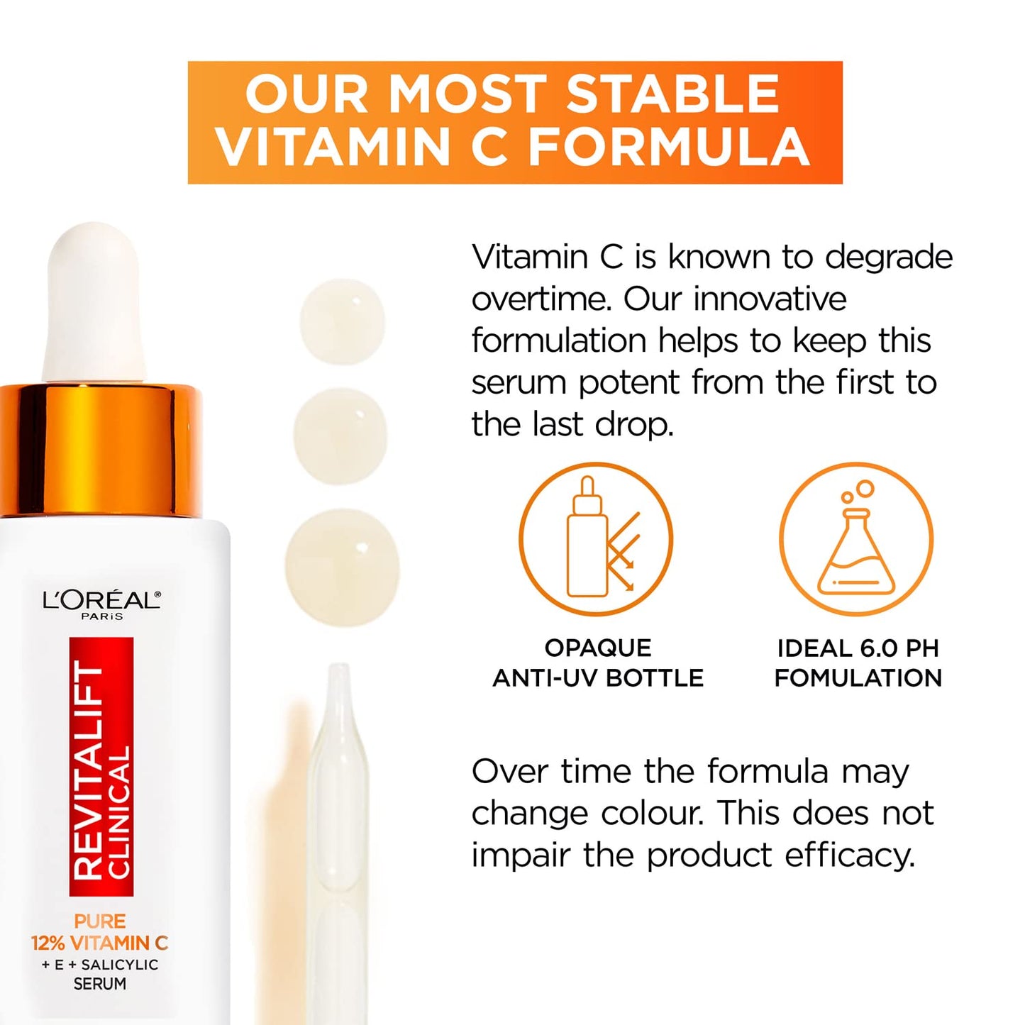 L'Oréal Paris Revitalift Clinical 12% Pure Vitamin C Brightening Serum for Face, Powerful Antioxidant Protection, Brighter & Smoother Skin, includes Hyaluronic Acid, Salicylic Acid, Vitamin C