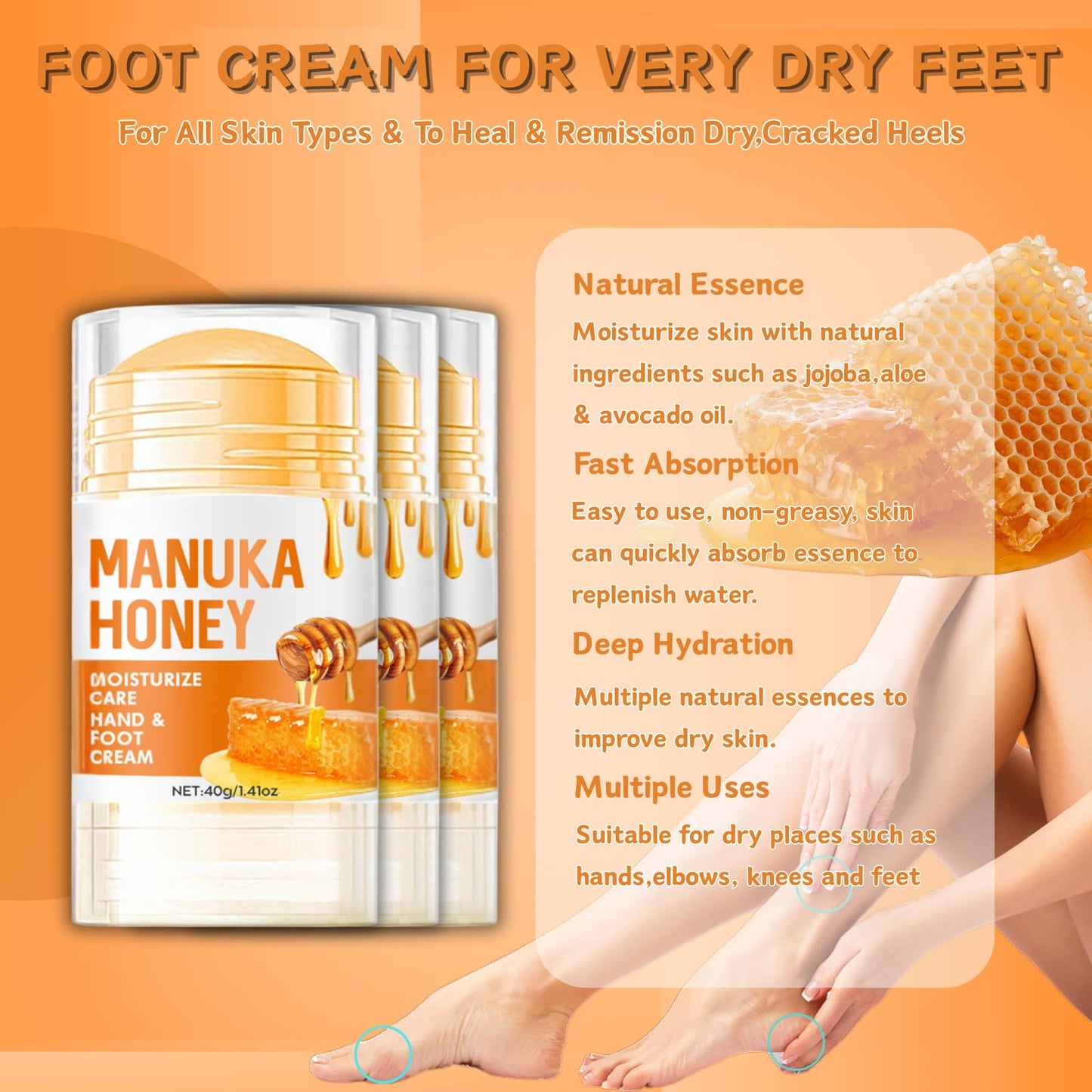 3pcs Moisturizing Hand & Foot Cream for Very Dry Skin - Cracked Heel Repair, Athletes Foot Care with Manuka Honey, Fast Absorption, Anti Dryness & Anti Crack, Portable Daily Size (1.41 oz)