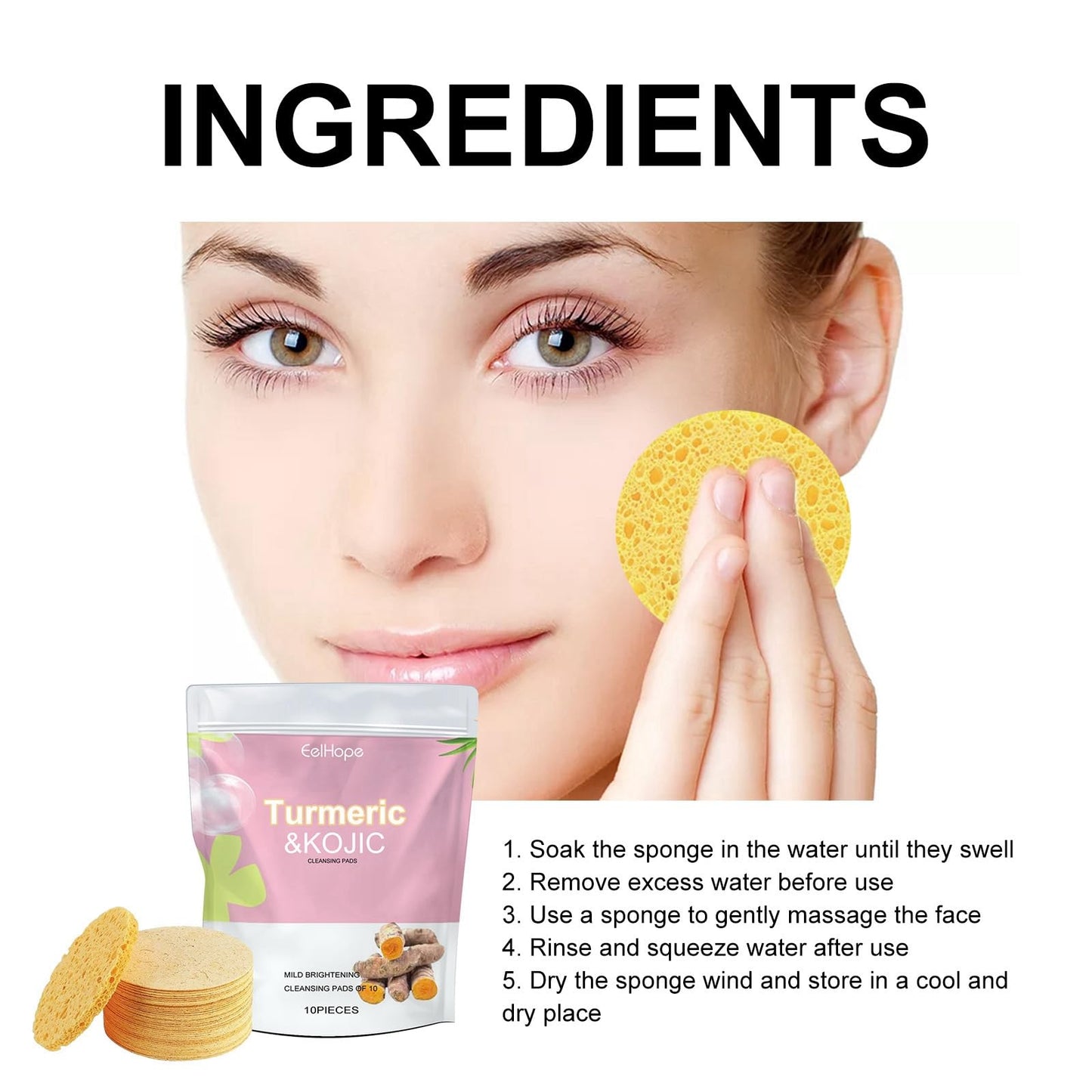 Jinjiar Turmeric Kojic Acid Cleansing Pads,Face Cleansing Pads,10pcs Turmeric Exfoliating Foaming Pads,Exfoliating Face Pads,Resurfacing Pads for Face & Body,Facial Sponges for Cleansing,Acne Face Wipes