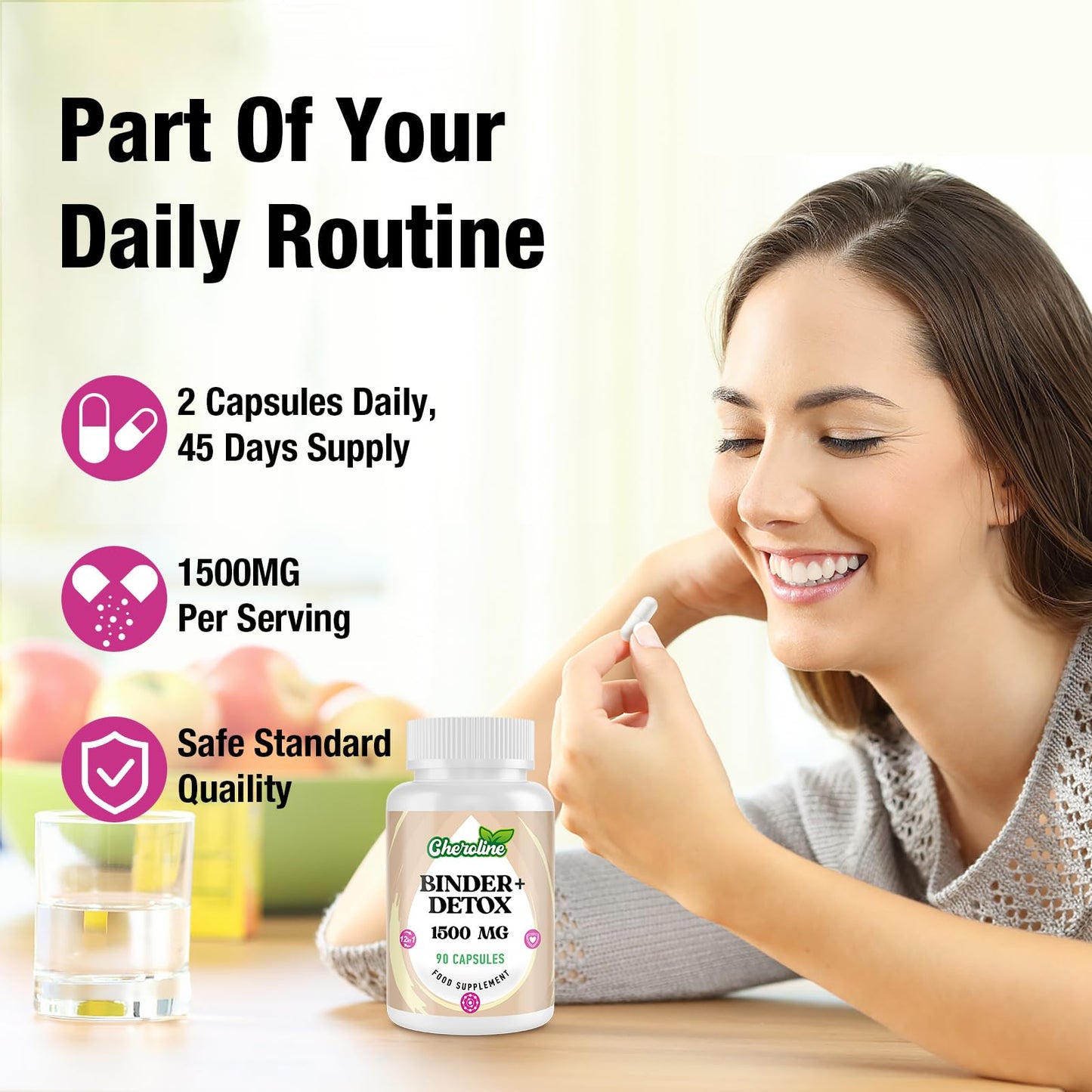 Cheroline Binder Detox Capsules 1500mg, with Activated Charcoal for Toxins, 12 in 1 Liver Gut Detox for Digestive & Bloating Relief, 90 Vegan Capsules (90 Count (Pack of 4))