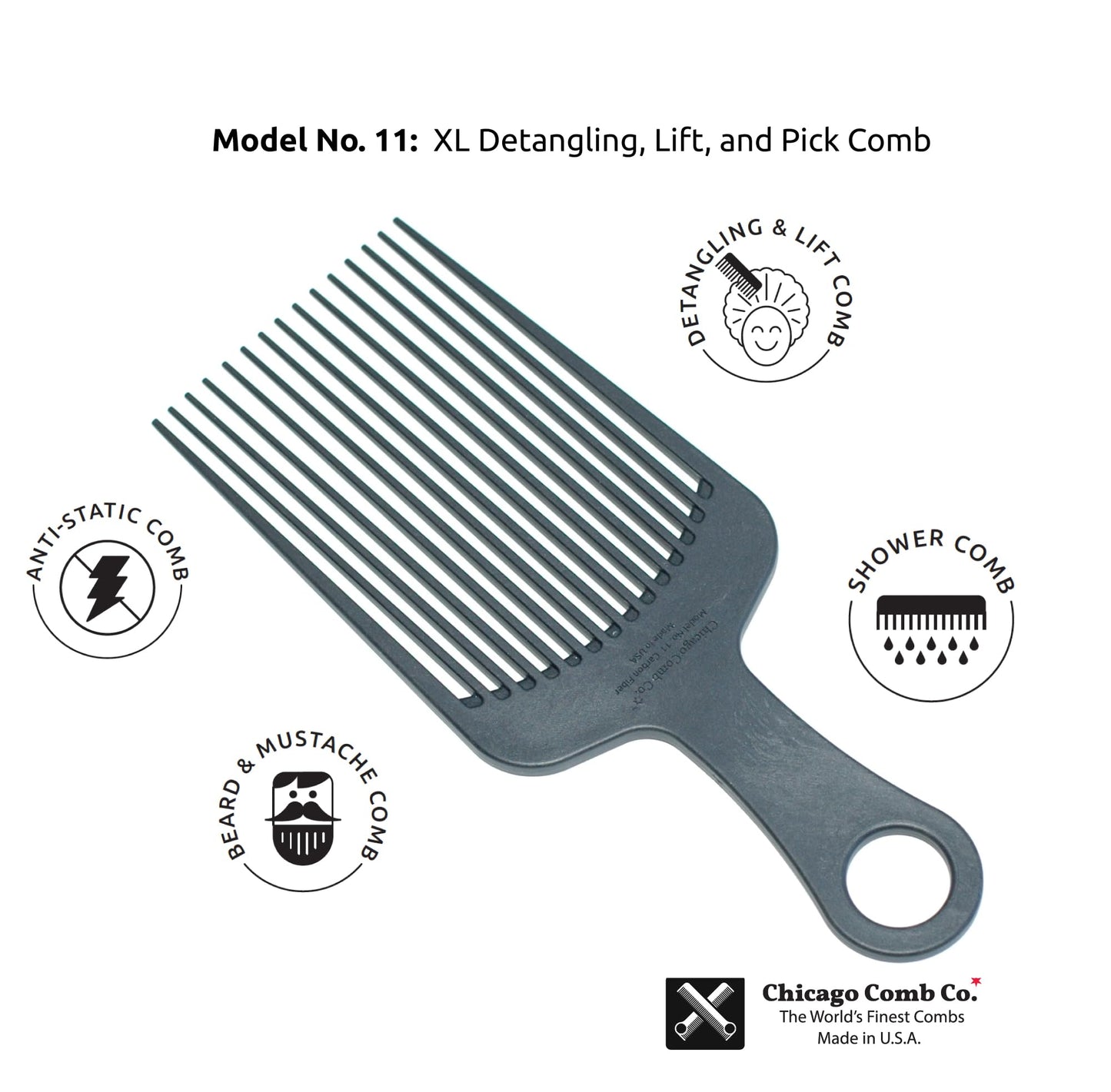 Chicago Comb Model 11 Carbon Fiber, XL Hair Pick, Anti-Static, 7.5 Inches (19 cm), Made in USA, Graphite black