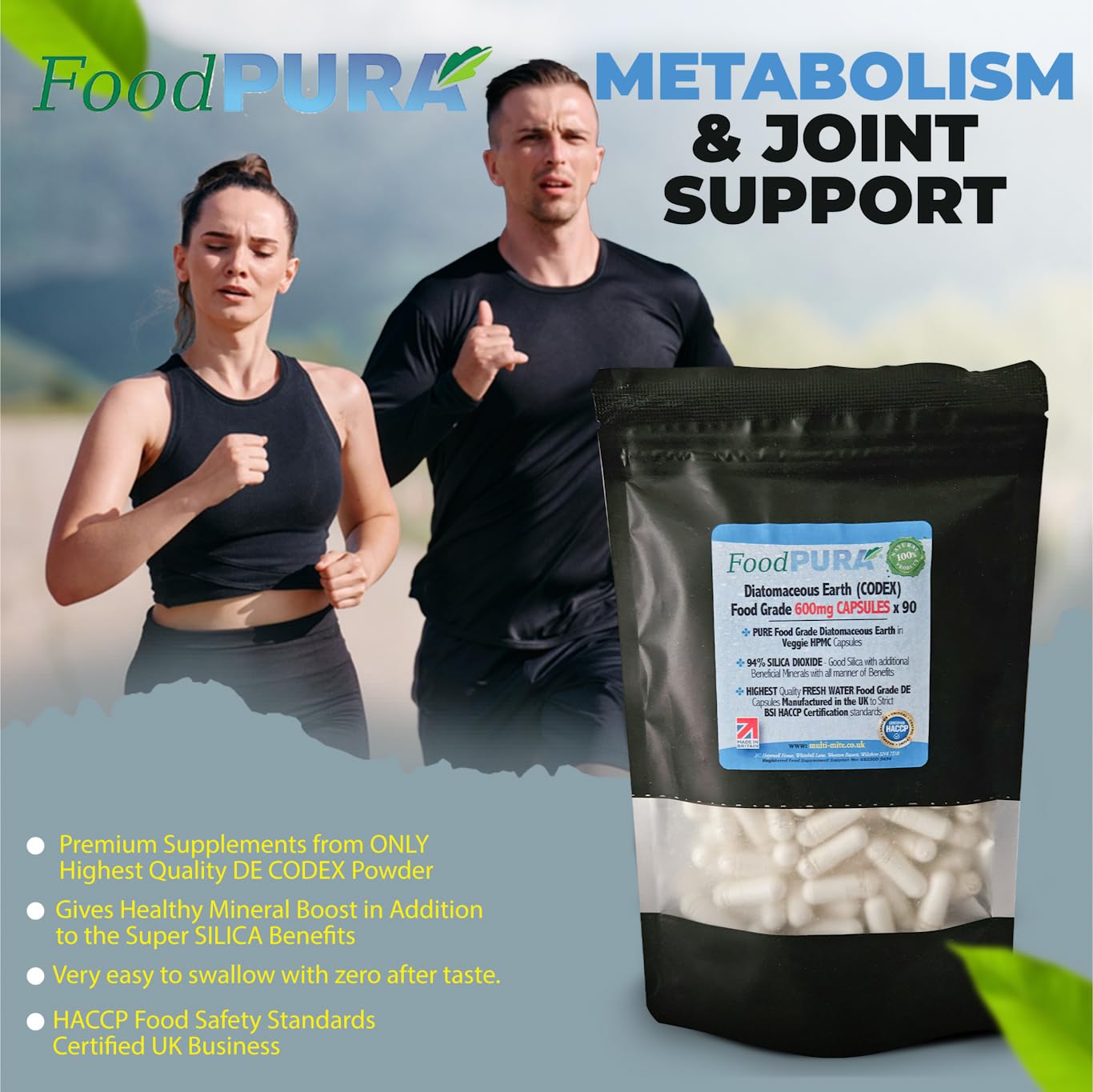 FoodPURA Food Grade Diatomaceous Earth Capsules (Codex) Pure White 94% Silica Fresh Water Sourced 600mg (90)