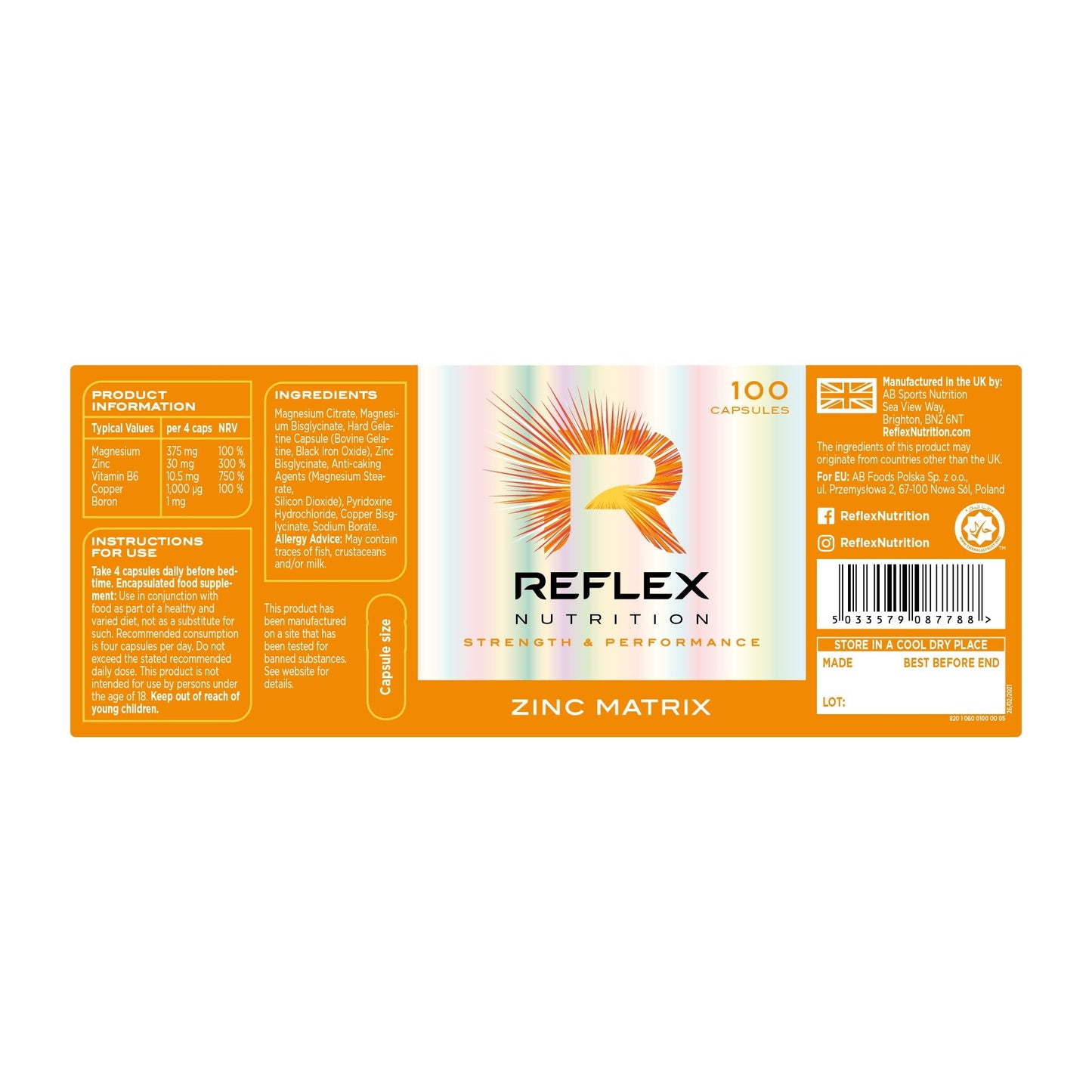 Reflex Nutrition Zinc Matrix - Magnesium, Zinc, Vitamin B6, Boron & Copper Supplement - Fatigue and Tiredness Supplements - Normal Muscle Function - Support Metabolism and Immune System (100 Capsules)