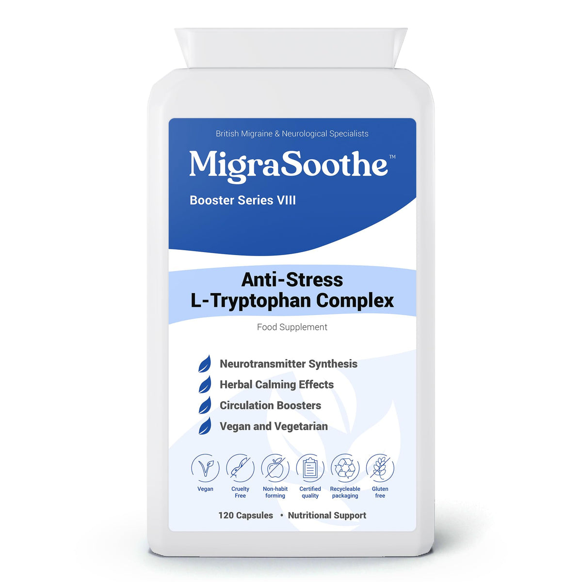 MIGRASOOTHE MigraSoothe L-Tryptophan Complex Booster Series VIII โ Anti-Stress Formula for Migraine Calm and Relaxation โ 120 Vegan Capsules (120)