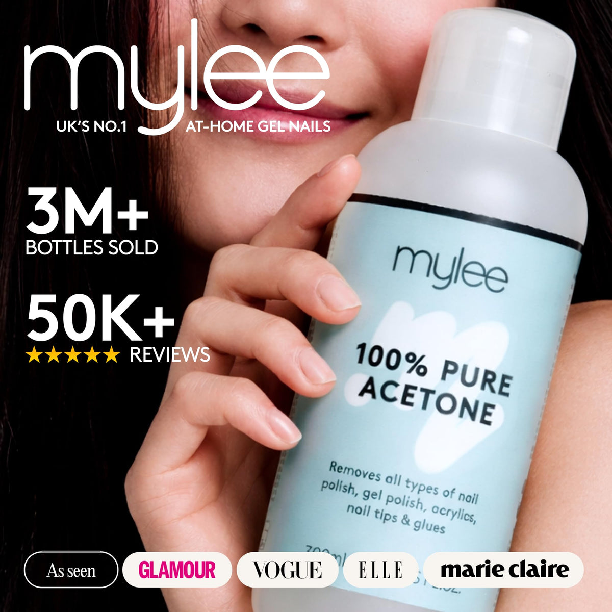 MYLEE Mylee 100% Pure Acetone (300ml) - Gel Nail Polish Remover – Maximum Strength Professional Soak-Off for UV/LED, Acrylics, Nail Tips & Glue - Made in the UK