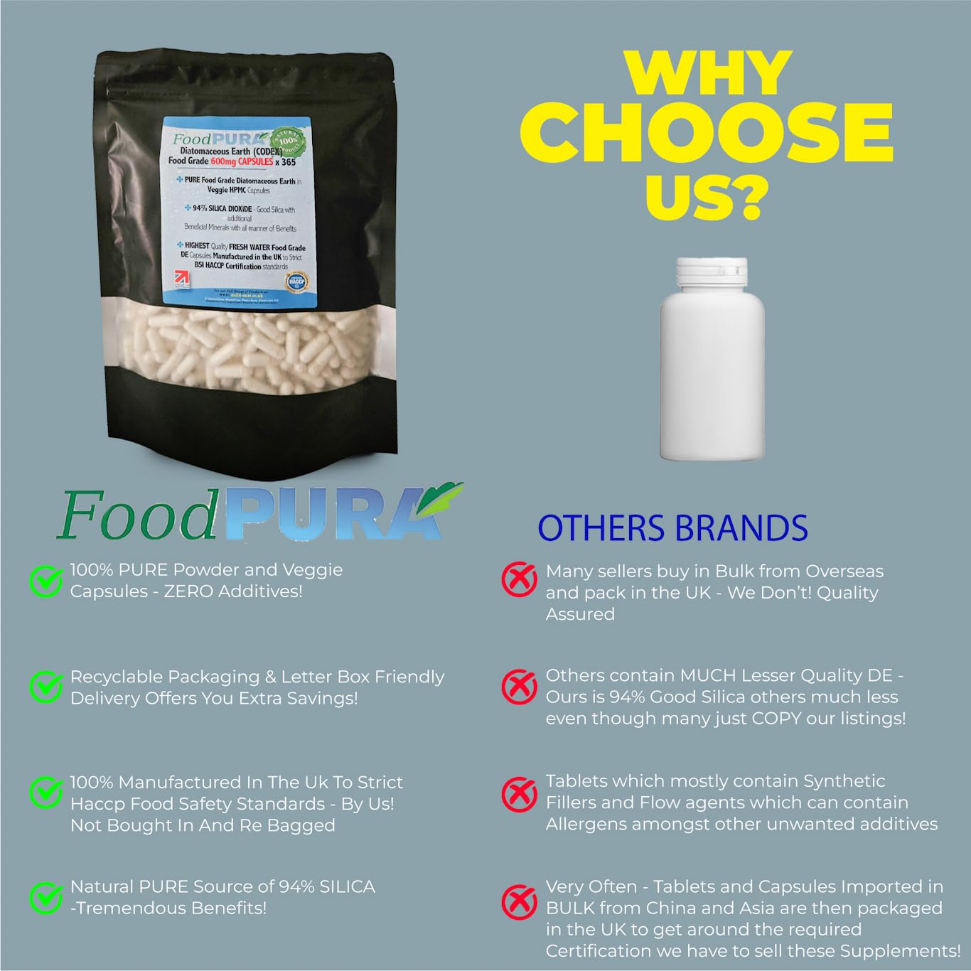 FoodPURA Food Grade Diatomaceous Earth Capsules (Codex) Pure White 94% Silica Fresh Water Sourced 600mg (365)
