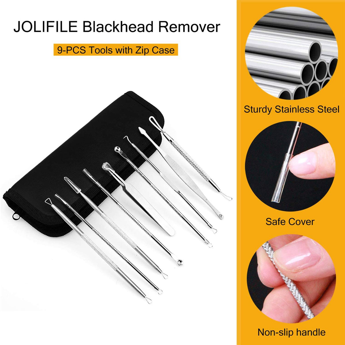 JOLIFILE Pimple Popper Tool, 9PCs Spot Popper Comedone Blackhead Remover Kits with Curved Tweezers and Pimple Popper Spot Remover for Facial Skin