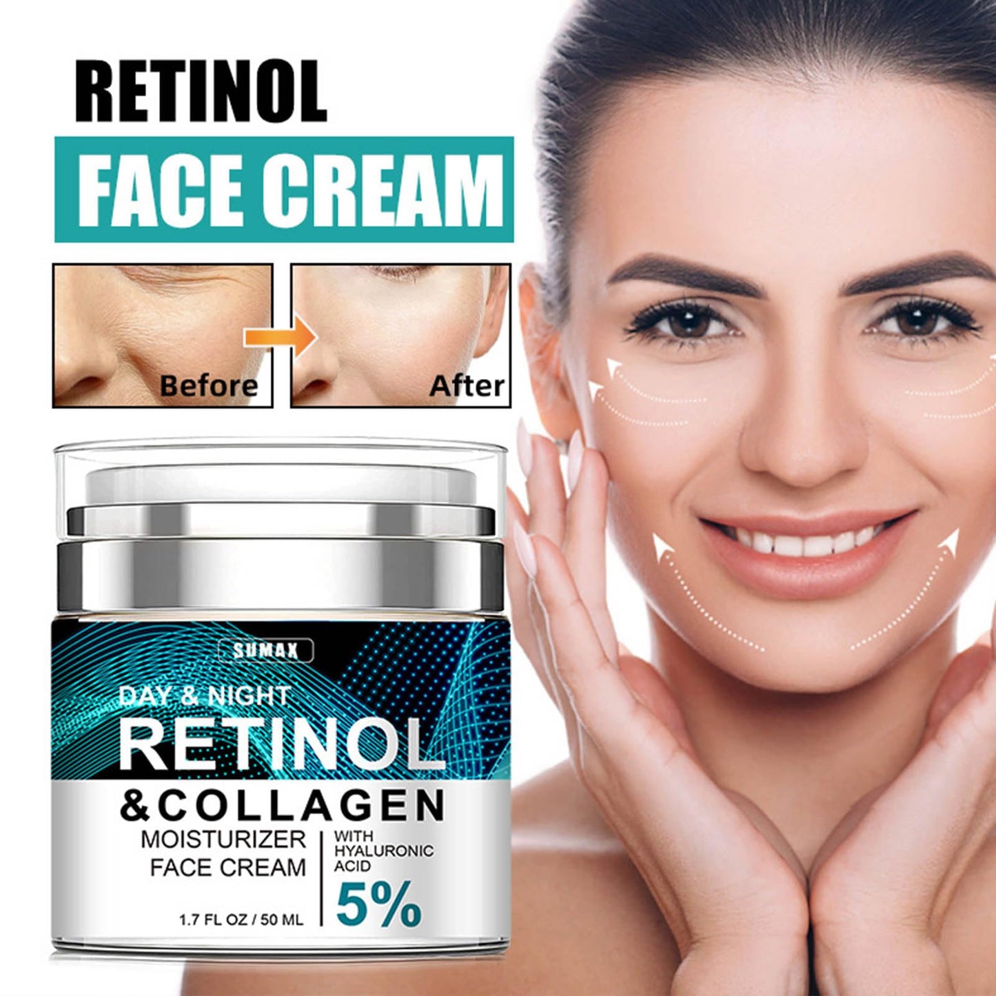 Advanced Retinol Collagen Cream for Face with 5% Hyaluronic Acid Anti-Aging Retinol Cream Anti-Wrinkle Reduce Fine Lines Lifting and Firming Cream 24-Hour Facial Care Suitable For Most Skin Types 50ml