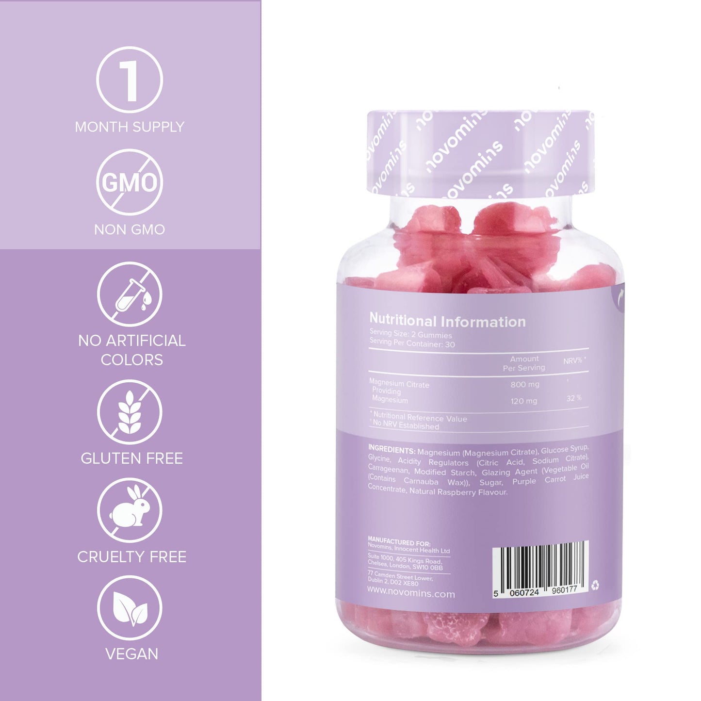 Magnesium Gummies - Vegan - 1 Month Supply - Gluten Free - Chewable Magnesium Supplements - 800mg Magnesium Citrate Providing 120mg of Magnesium - Made by Novomins
