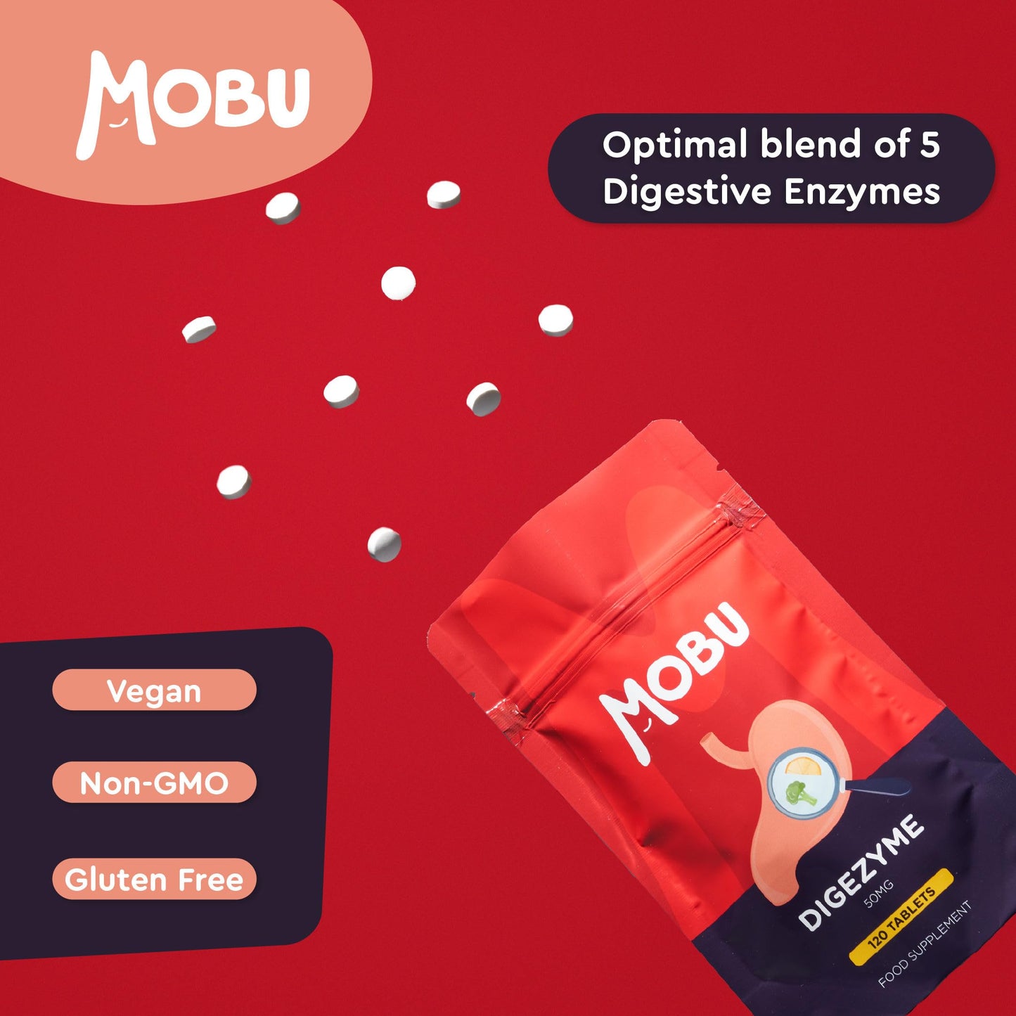 Digestive Enzymes 120 Tablets | Contains Digezyme, Amylase, Lactase, Lipase | Gut Health & Digestion Support | Vegan | UK Made | GMP Approved | MOBU