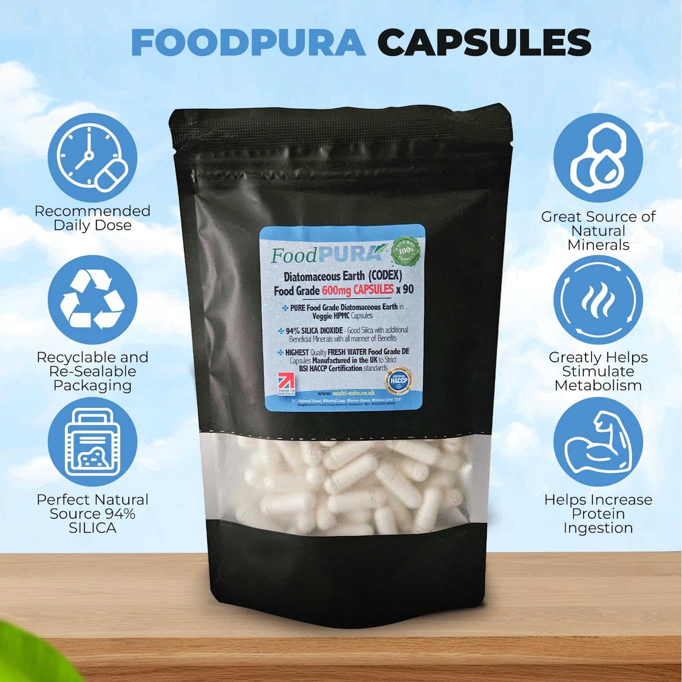 FoodPURA Food Grade Diatomaceous Earth Capsules (Codex) Pure White 94% Silica Fresh Water Sourced 600mg (90)