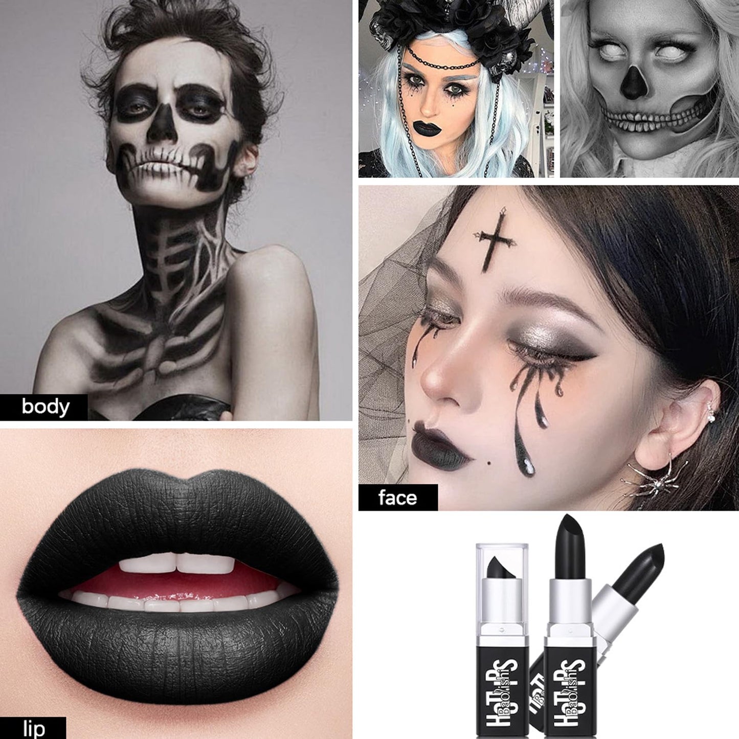 GEEWHILE Black Lipsticks for Women Long Lasting ighly Pigmented Black Lipstick Matte Lightweight Moisturised Lip Gloss, Black Lipstick for Halloween Cosplay