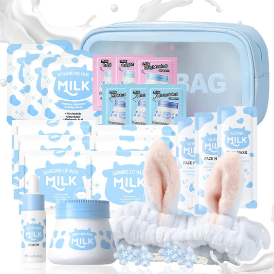 Cureluxe Milk Skin Care Set for Teenagers Girls with Cute Makeup Bag - Skin Care Sets & Kits,Pamper Sets for Girls Gifts,Travel Size,Cream, Face,Eye& Lip Mask, Serum, Hair Clips, Hair Bands (24PCS)