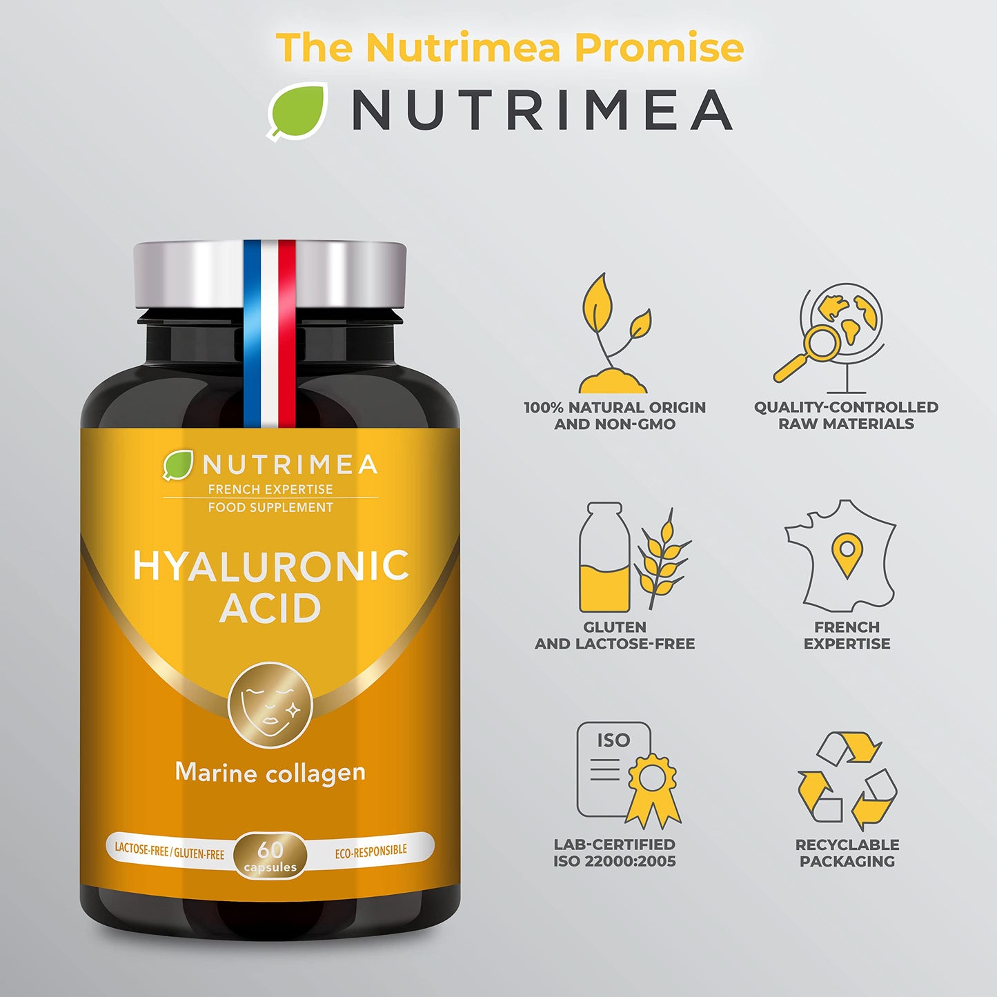 Hyaluronic Acid & Marine Collagen - Enriched with Vitamins A & C - Natural Anti-Wrinkle, Restructure Skin, Protect Joints and Anti-Aging - New Formula - Plant-Based Capsules - French Expertise