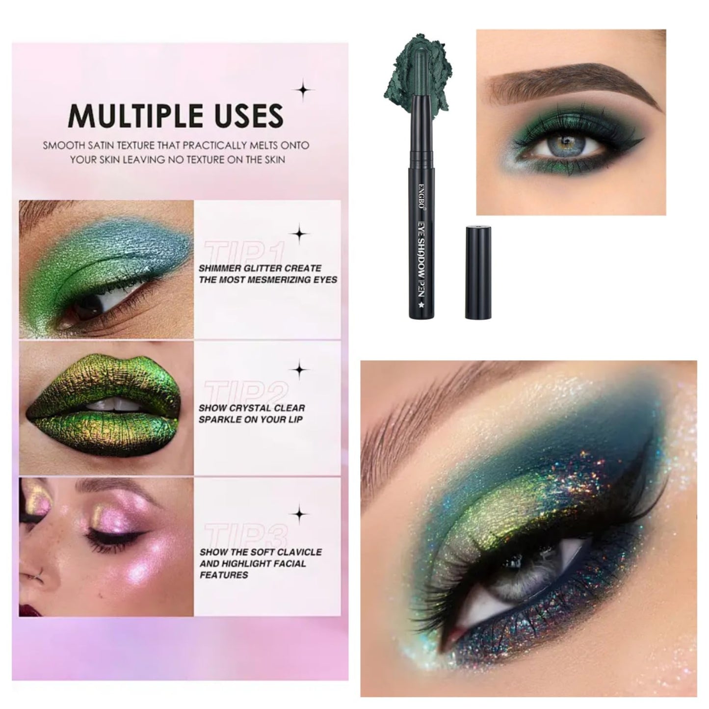 AurolaGlow Gothic Smokey Eyeshadow Stick in Dark Green - Metallic Glitter, Creamy Highlight, Smooth Eyeliner - Gift for Women