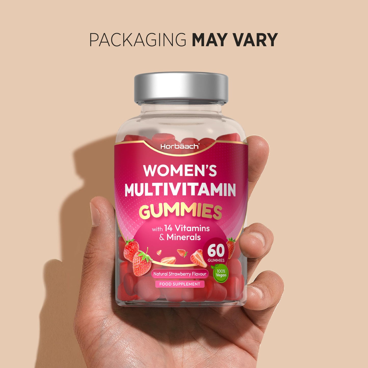 Horbäach Multivitamin Gummies for Women | High Strength Multivitamins and Minerals | with Biotin, Zinc, Vitamin C & More! | Hair, Skin and Nails Vitamins | 60 Vegan Gummies - Natural Strawberry | by Horbaach