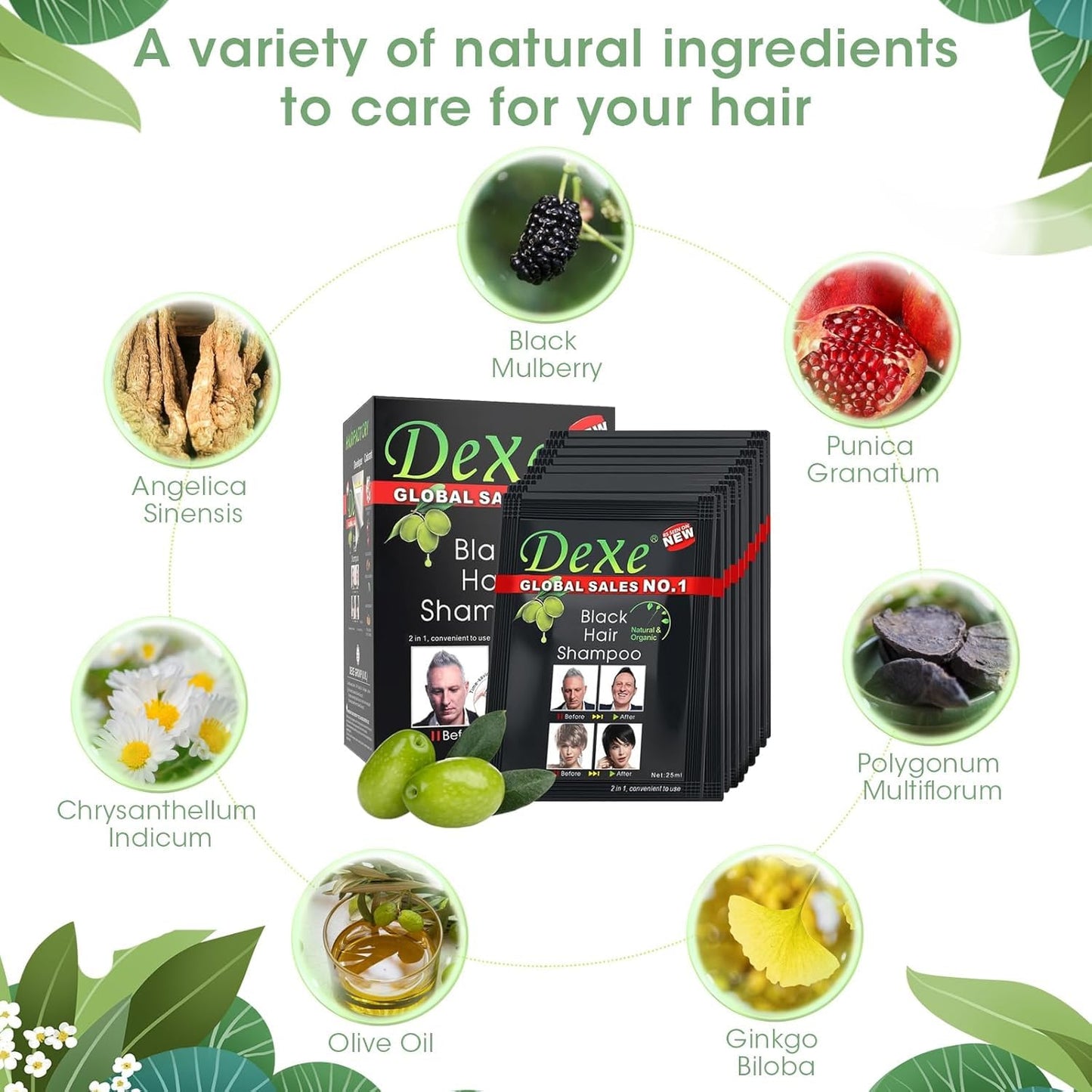 NATUREGURU Black Hair Shampoo Instant Black Natural Ingredients Hair Dye Shampoo Semi-Permanent Black Hair Color Easy to use Long lasting