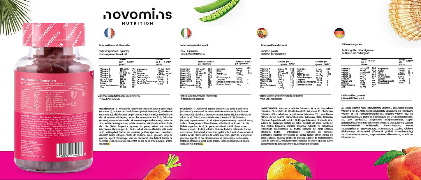 Multivitamin Gummies - 17 Essential Multi Vitamins – Chewable Gummy Vitamins - 1 Month Supply - Vegan – Peach - for Women & Men – Multivitamin Gummies by Novomins