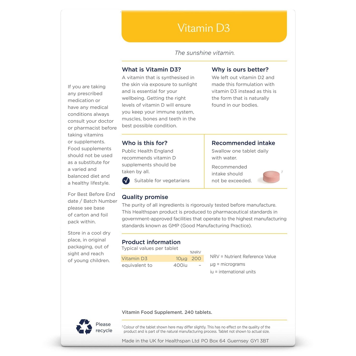 Healthspan Vitamin D3 10µg (8 Months' Supply) | Support Your Immune Health & Promotes Healthy Bones, Teeth & Muscles | Vegetarian