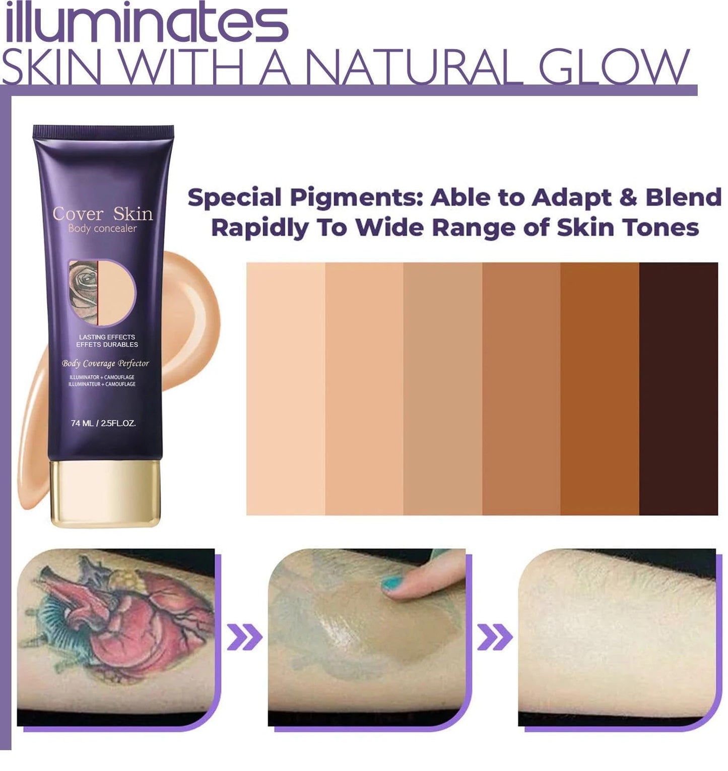 OunTechGlory Body Concealer & Leg Makeup - Waterproof, Full Coverage Tattoo & Vein Cover Up, Dark Spots & Scars - Natural Radiance Formula