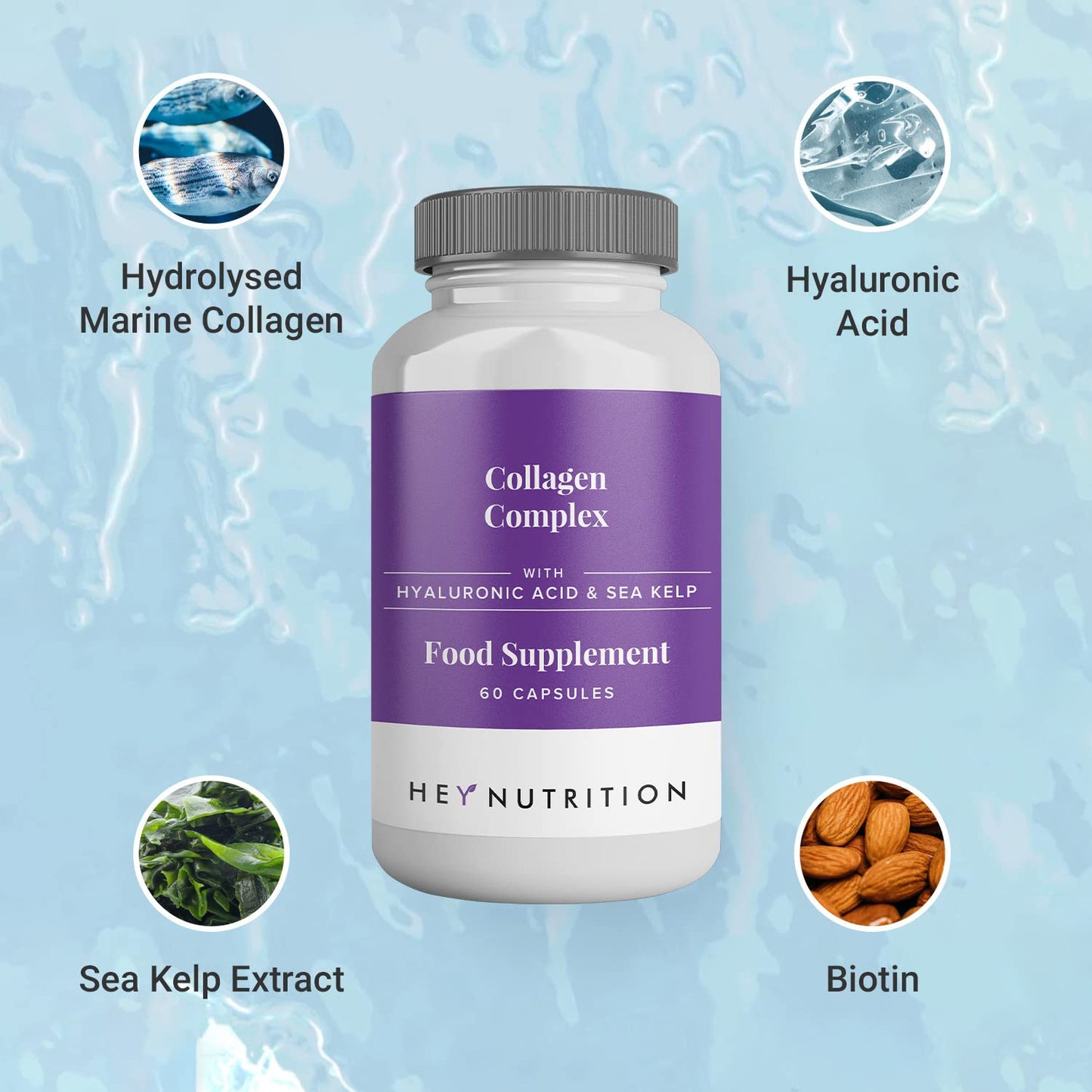 Hey Nutrition Collagen Complex Hyaluronic Acid & Sea Kelp Vitamin E, C, Biotin - Healthy Nails, Skin, Hair Joints Metabolism - Type 1 Marine Supplement - Non GMO, 60 Capsules