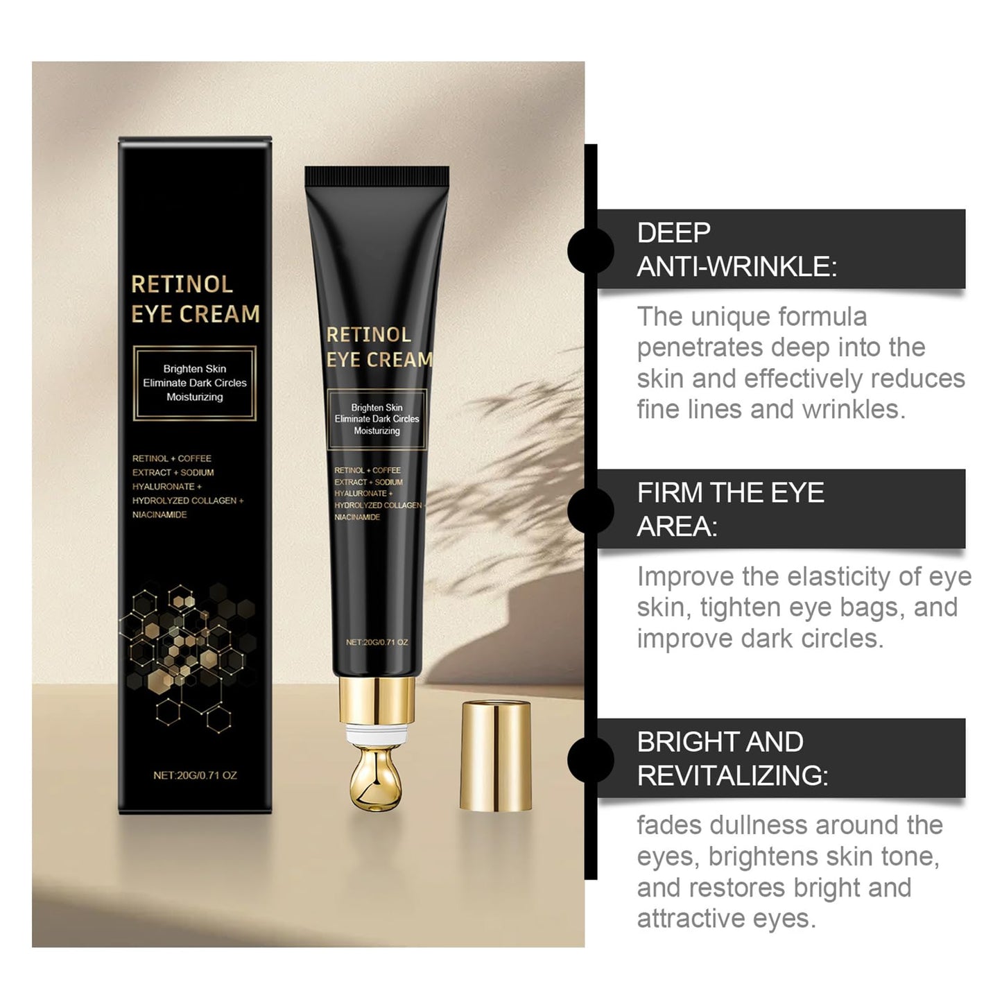 CrownLite Retinol Eye Cream Anti Aging, Dark Circle Eye Cream, Anti-Wrinkle Moisturizing with Niacinamide Hyaluronic Acid and Caffeine for Men and Women, Reduce Eye Bags, Anti Wrinkle and Fine Lines
