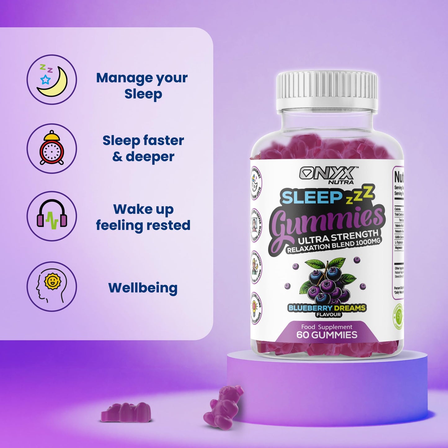 ONYX NUTRA Sleep Gummies with Magnesium | Blueberry Dreams Flavour | Night Bedtime Support | Vegan Chewable Gummys 60 Gummies (30 Servings)
