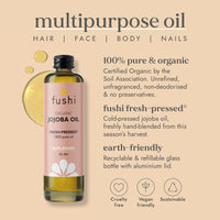 Fushi Organic Jojoba Oil 100 ml | Fresh-Pressed| Rich in Vitamin E | Best for Skin Cleansing, Dry Skin & Dry Hair | Hypoallergenic Oil | Ethical & Vegan Society Approved | Manufactured in the UK