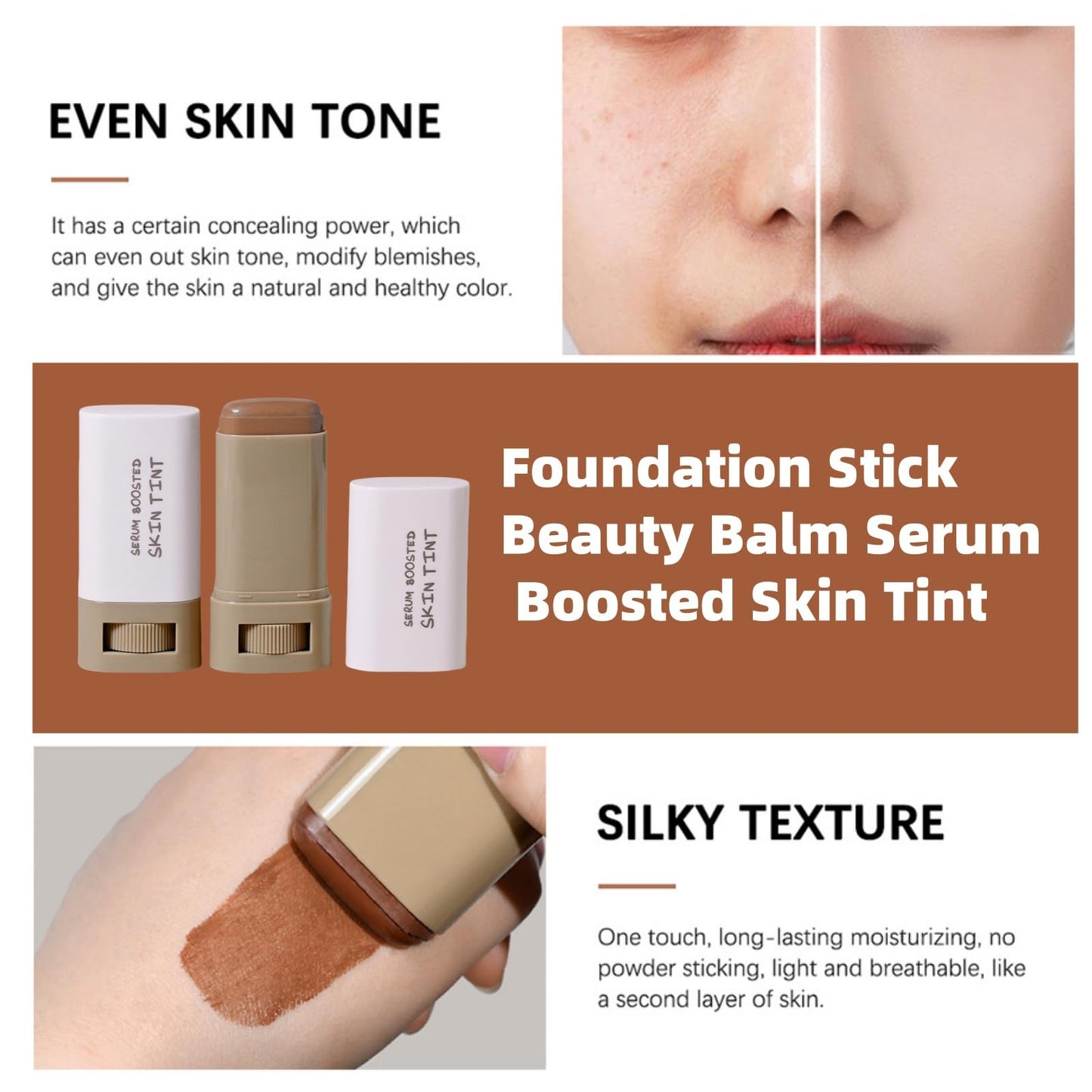 Foundation Stick Beauty Balm Serum Boosted Skin Tint,Solid Tinted Moisturizing Serum Contour S/tick,Contour S/tick,F/oundation Face Sti/ck,Flawless Foundati/on Stic/k,Sti/ck Found/ation,(#03,18g)