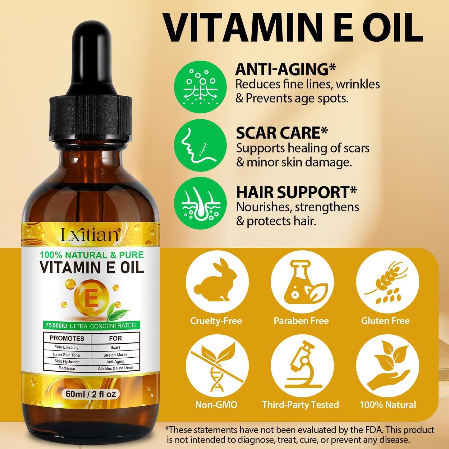 Pure Vitamin E Oil for Skin & Hair - 100% Natural Organic Vitamin E Oil - Cold Pressed 2 Fl Oz, Moisturizes & Protects - for Face, Body, Scars & Cuticles