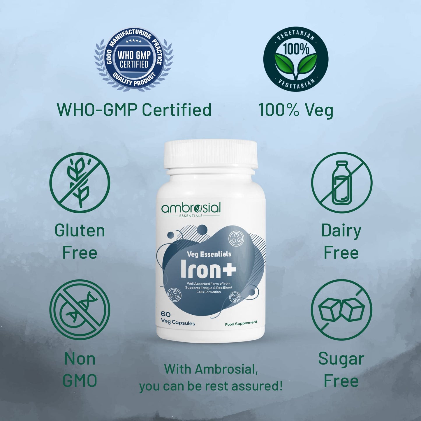 Ambrosial Iron Tablets High Strength 25mg| Iron Supplements for Women & Men Blood Support & Helps Reduce Tiredness & Fatigue | Enhanced Absorption & Non - Constipating (Pack of 1-60 Capsules)