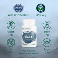 Ambrosial Iron Tablets High Strength 25mg| Iron Supplements for Women & Men Blood Support & Helps Reduce Tiredness & Fatigue | Enhanced Absorption & Non - Constipating (Pack of 1-60 Capsules)