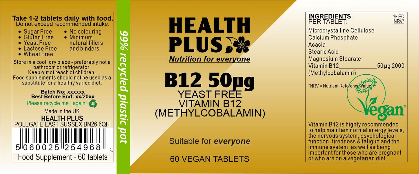 Health Plus B12 50µg : Yeast Free Vitamin B12 Supplement : 60 Tablets, in a Planet-Friendly 99% Recycled Pot