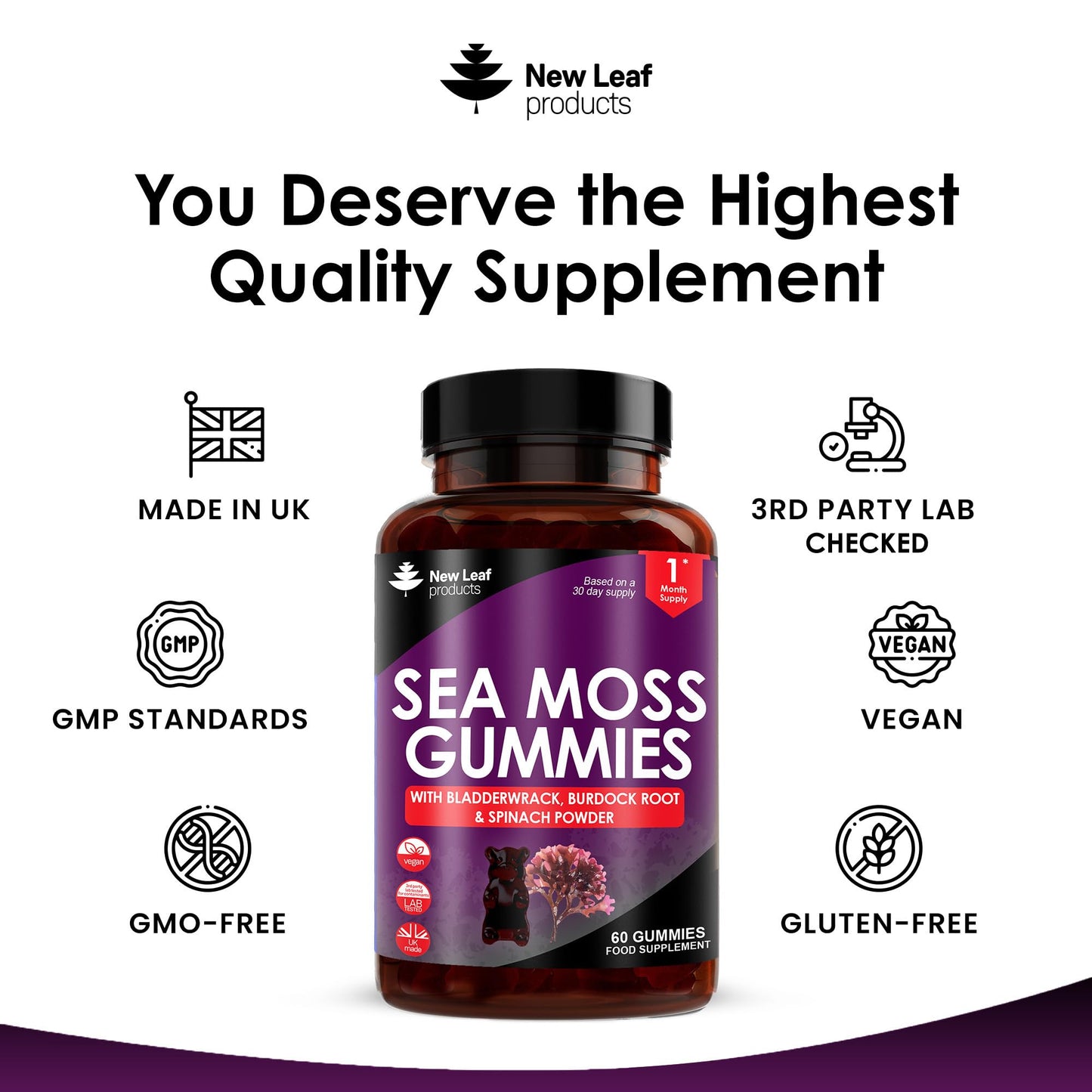 NEW LEAF PRODUCTS Sea Moss Gummies - 60 Gummies Enriched with Irish Sea Moss, Burdock Root and Bladderwrack - High Strength 3000mg Vegan Vitamin Gummies - Seamoss Gummies Made in UK by New Leaf