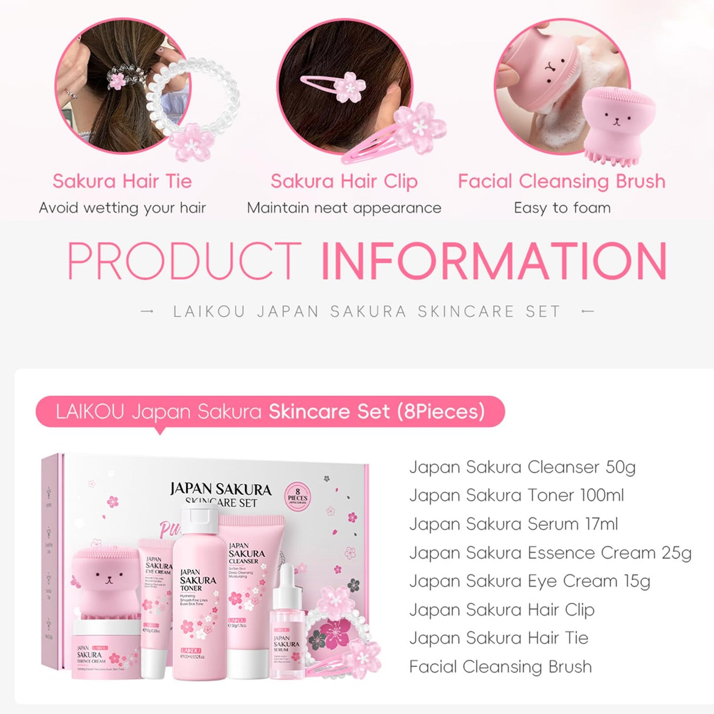 SkinCare Set, JAPAN Sakura Skin Care Sets & Kits, Cleanser, Toner, Serum, Eye Cream, Face Cream, Hair Clip&Tie, Facial Cleansing Brush, Skin Care Gift Set, Hair Care Gift Set for Teenage Girls(8pcs)