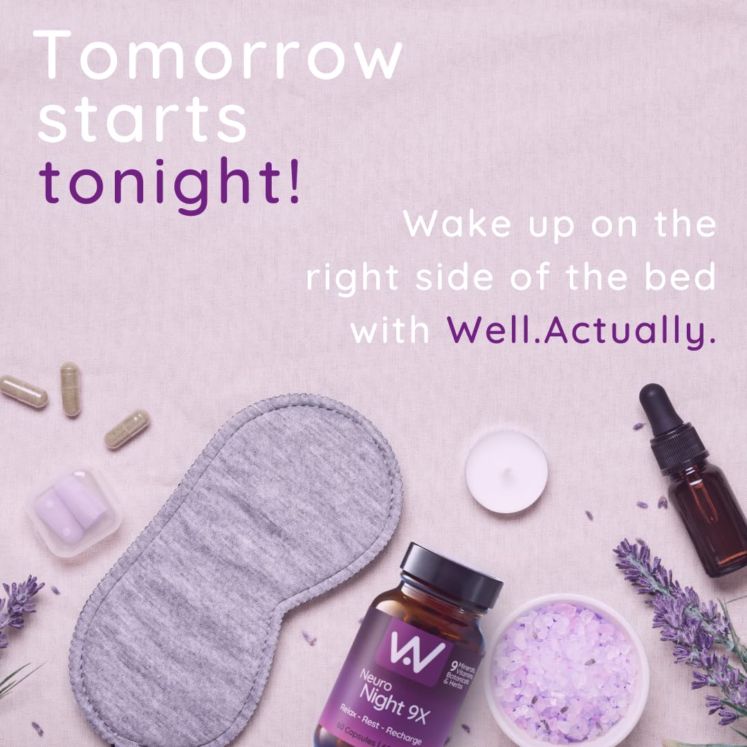 well actually WELL ACTUALLY Neuro Night 10X - Advanced Sleep Support Capsules for Adults - Non Melatonin Sleep Supplement to Relax & Unwind with Magnesium, Griffonia, Montmorency Cherry | 60 Caps