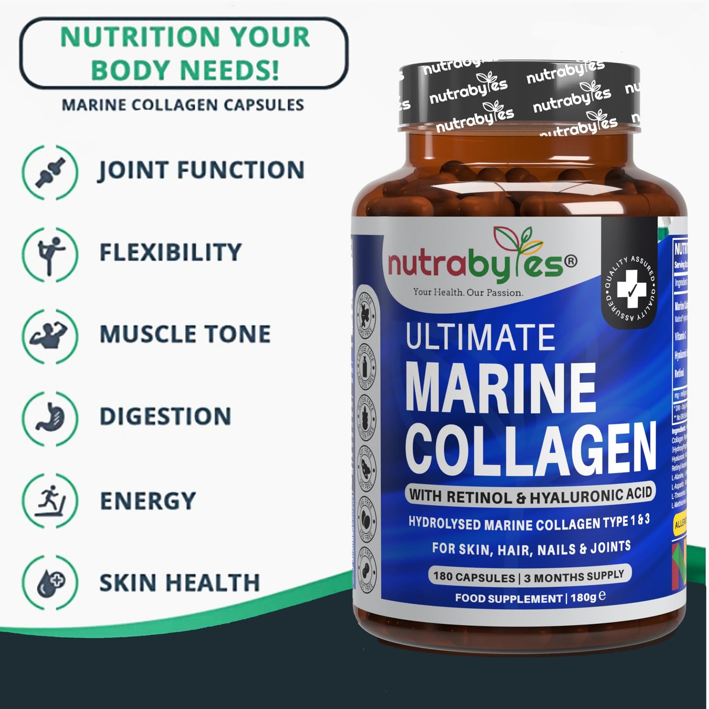 NUTRABYTES Marine Collagen Capsules with Hyaluronic Acid and Vitamin C 1200mg | 180 Capsules - 3 Months Supply | Hydrolysed Marine Collagen Supplement for Women and Men | Hair Skin Nails Joints | Made in UK