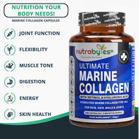 NUTRABYTES Marine Collagen Capsules with Hyaluronic Acid and Vitamin C 1200mg | 180 Capsules - 3 Months Supply | Hydrolysed Marine Collagen Supplement for Women and Men | Hair Skin Nails Joints | Made in UK