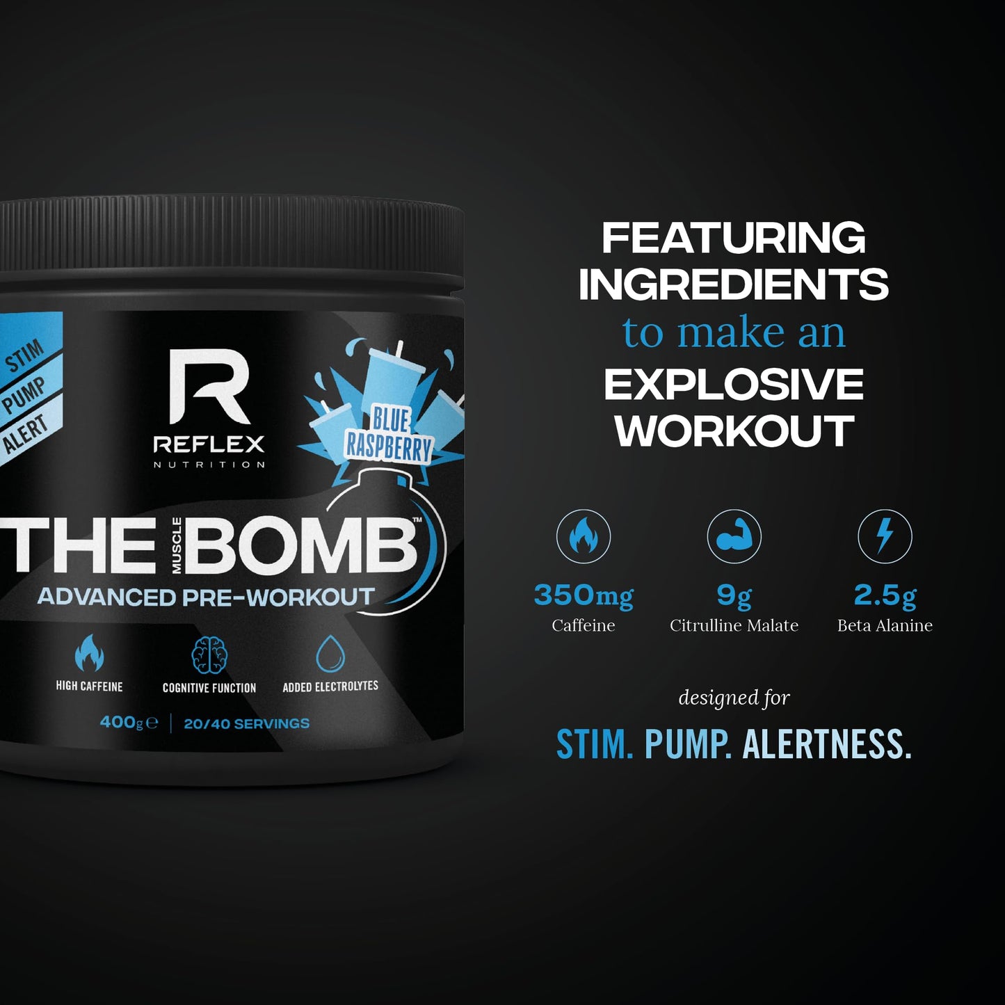 Reflex Nutrition Pre Workout The Muscle Bomb 350G Caffeine 9G Citrulline Malate 2.5G Beta Alanine Added Hydration Electrolytes (Blue Raspberry, 400G)