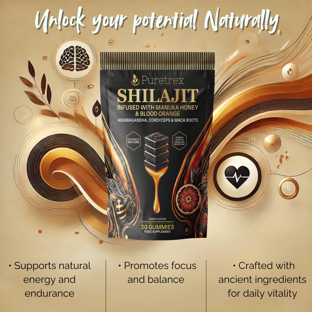 PURETREX Shilajit Gummies with Manuka Honey & Blood Orange – Energy, Focus, and Vitality Support with Ashwagandha, Cordyceps, & Maca Root – 30 Gummies