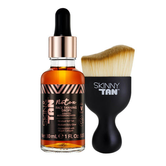 Skinny Tan Notox Moisturising Face Tanning Drops - Gradual Fake Tan Face Serum with Vegan Collagen, Cruelty-Free, Paraben Free & Vegan Skincare - Dark Self Tan, 30ml Plus Miracle Brush