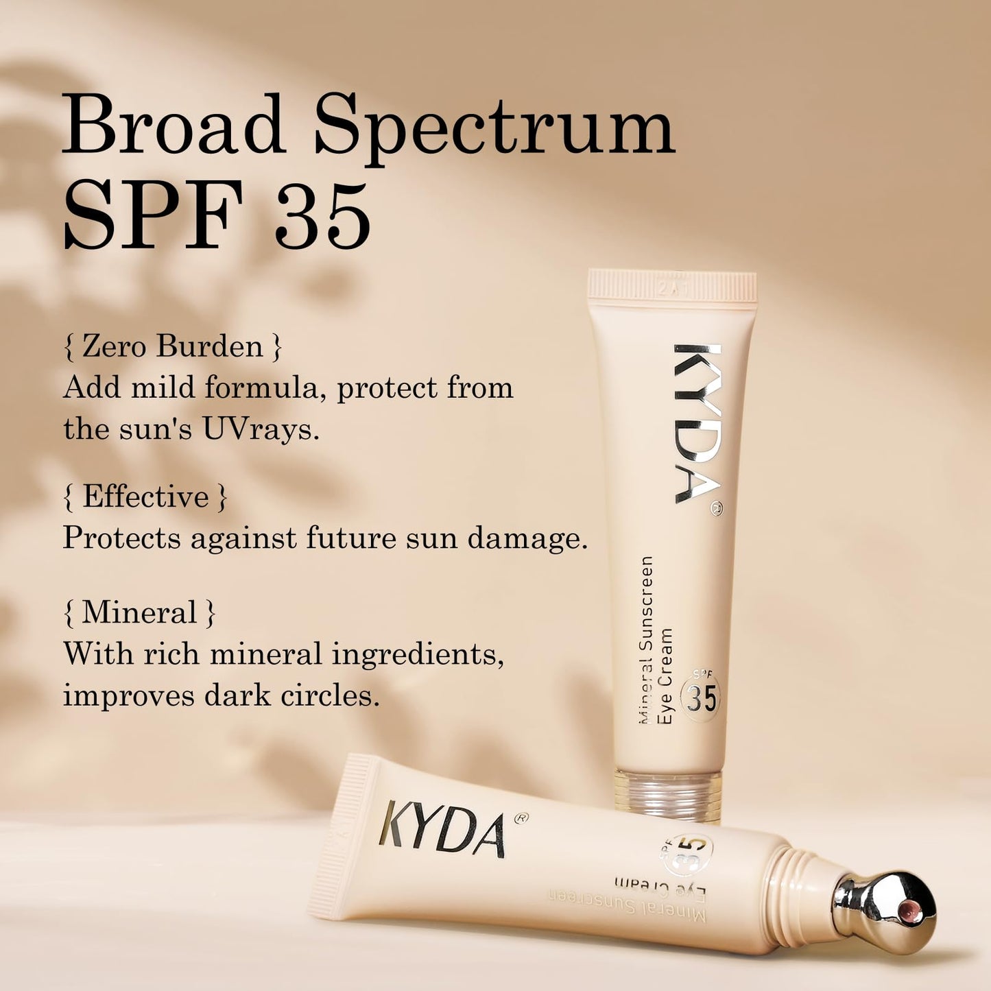 KYDA Mineral Sunscreen Eye Cream, Packaging Upgrade, 3-in-1 Anti-Aging Under Eye Cream for Dark Circle and Fine Lines, SPF 35, Light