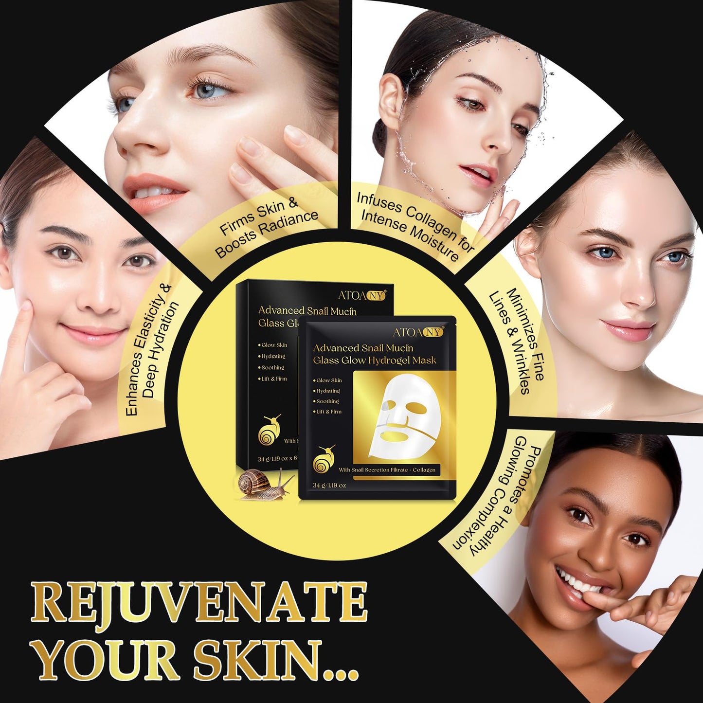 ITSDAWN 6 Pack Advanced Snail Mucin Serum Glass Glow Face Masks, Collagen Face Mask, Hydrating Overnight Hydrogel Mask for All Skin Types
