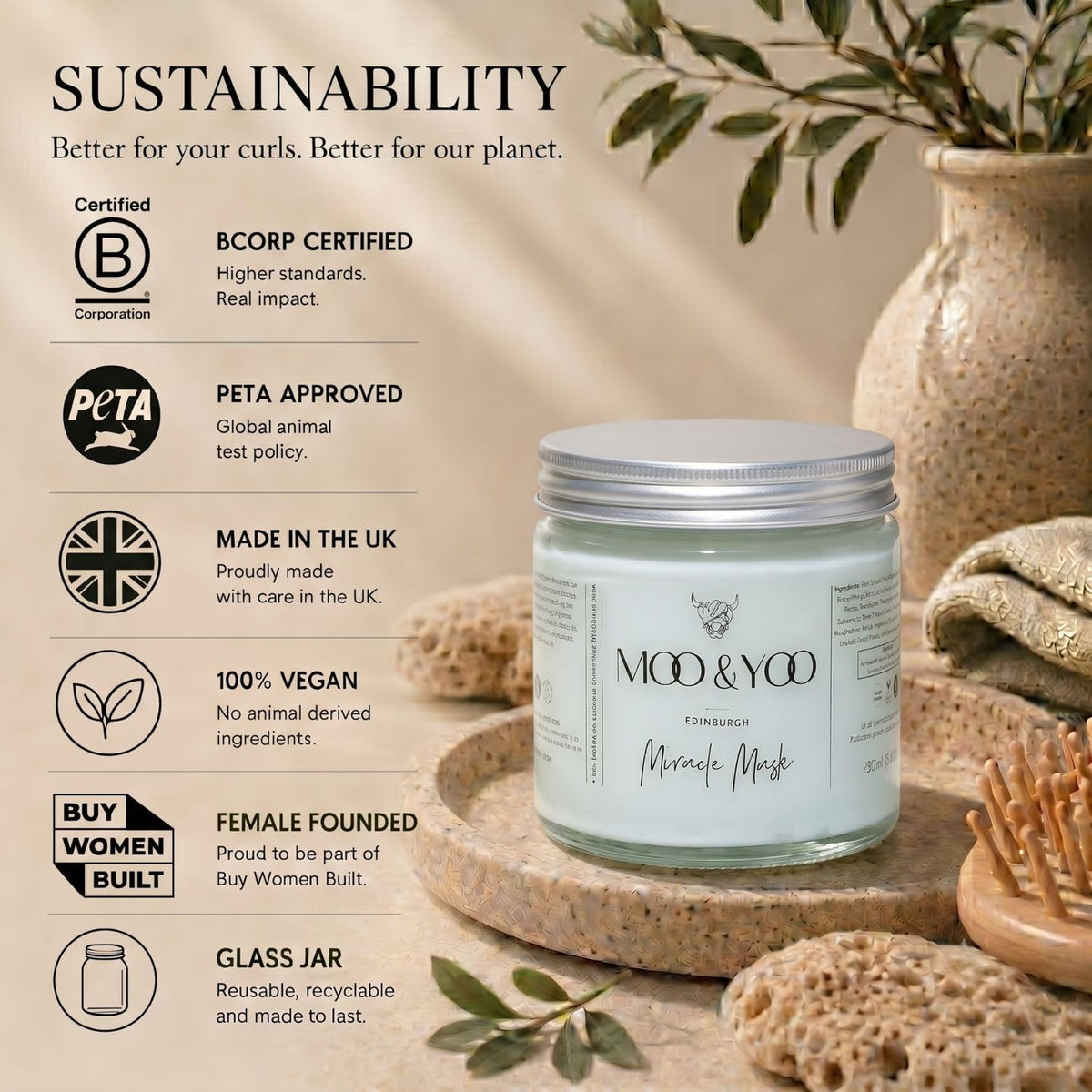 Moo & Yoo Miracle Hair Mask | Professional Salon Deep Conditioning Treatment for Dry & Damaged Hair | Deep Hydration & Repair | Marula Oil, Icelandic Moss & Wheat Protein | Vegan | 250ml Glass Jar