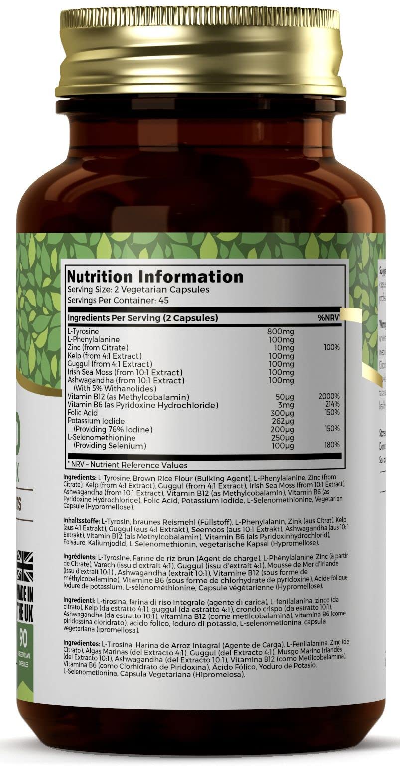Ezyleaf Thyroid Complex | L Tyrosine Thyroid Support Supplement with Ashwagandha, Iodine, Zinc, Kelp, Sea Moss, Potassium Iodide, Guggul Extract & Selenium | 90 L-Tyrosine Capsules | UK ISO Certified