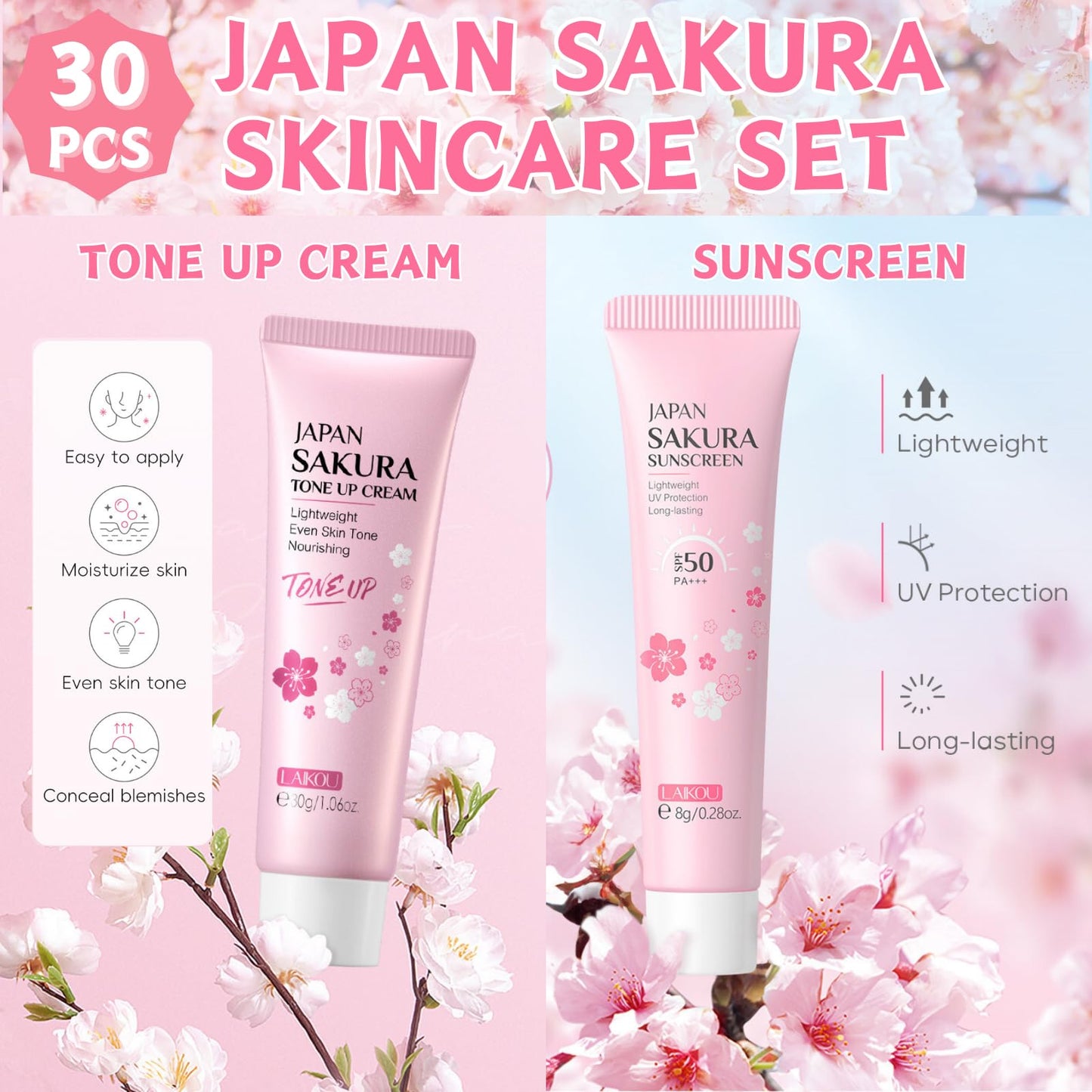 30Pcs Sakura Skincare Set, Skin Care for Teenage Girls Gift Set, Girls Pamper Set with Cleanser,Toner,Serum,Eye Cream,Face Cream,Lip Mask,Sleeping Mask,Mud Mask,Tone Up Cream,Sunscreen