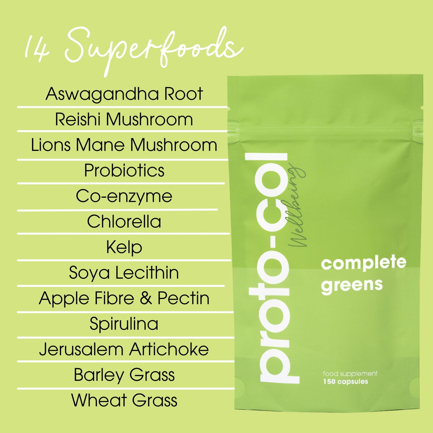 Proto-Col Proto-col | Complete Greens Capsules - 14 Superfoods and Adaptogens Including Ashwagandha & Spirulina | Vegan & Gluten-Free | Advanced Formula | UK Made | 150 Capsules